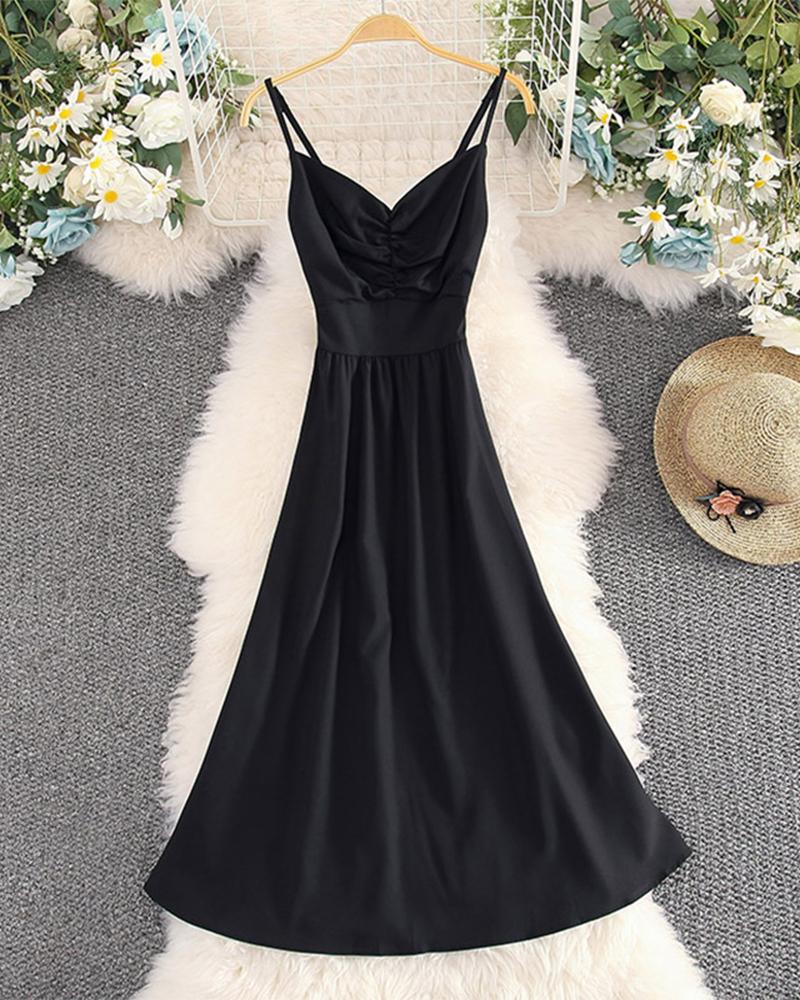 

Solid Strap Sleeveless Skinny Waist Midi Backless Dress, Black