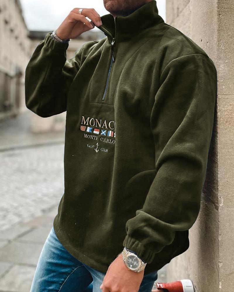 

Letter & National Flag Embroidery Long Sleeve Polar Fleece Polo Sweatshirt, Army green