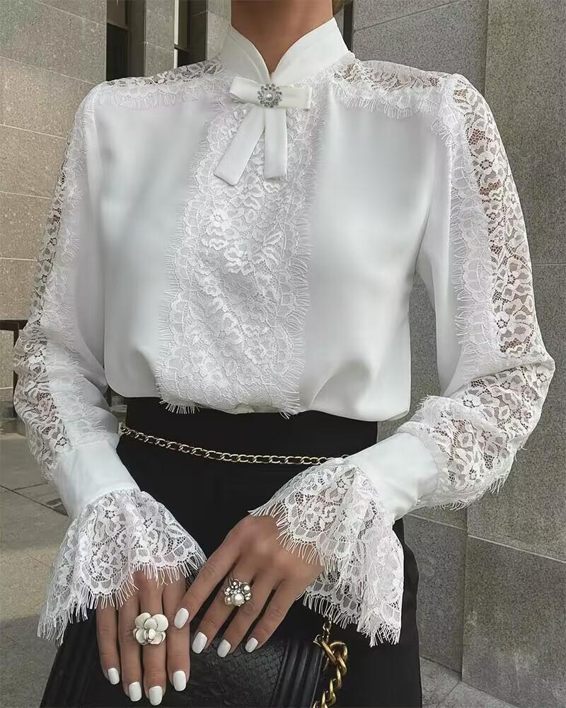 

Contrast Lace Flounce Sleeve Blouse With Beaded Bowknot Accessory, White