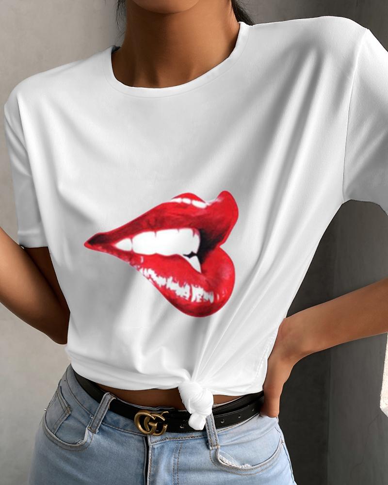 

Lip Print Short Sleeve Casual T-shirt, White