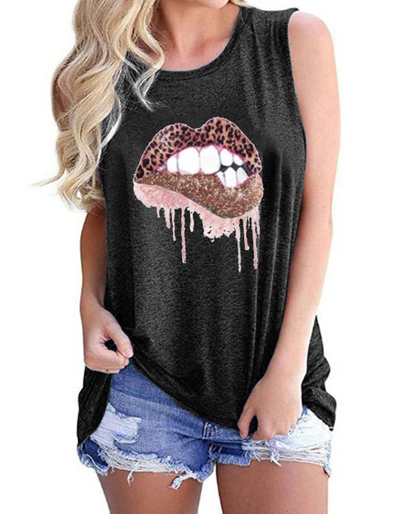 

Women' Casual Tee Leopard Lip Print Sleeveless Tank Top, Black