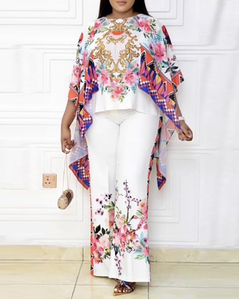 

Plus Size Batwing Sleeve Baroque Floral Print Top & Pants Set, Pink