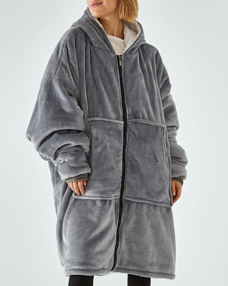 

Warm Fleece Lined Fluffy Oversized Wearable Blanket Hoodie, Gray