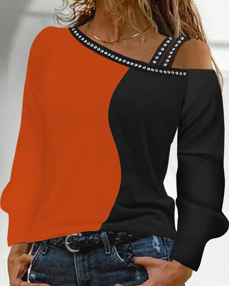 

Colorblock Rhinestone Cold Shoulder Top, Orange