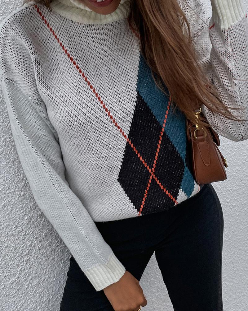 

Geo Pattern Print High Neck Casual Knit Sweater, Gray