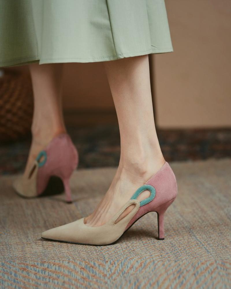 

Side Cutout Suede Pointed Toe High Heels, Apricot