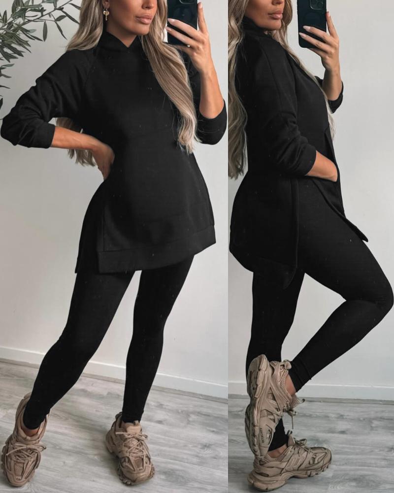 

2PCS Side Slit Kangaroo Pocket Design Hoodie & Skinny Leggings Pants Set, Black