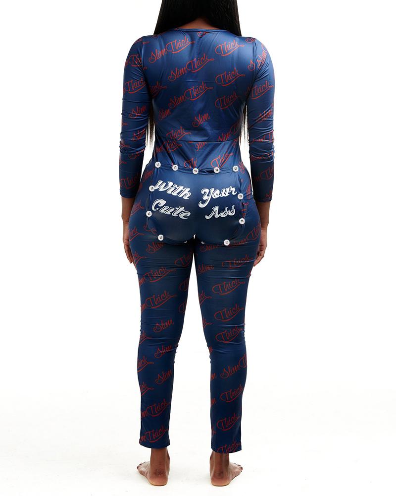 

Letter Print Functional Buttoned Flap Jumpsuit, Blue