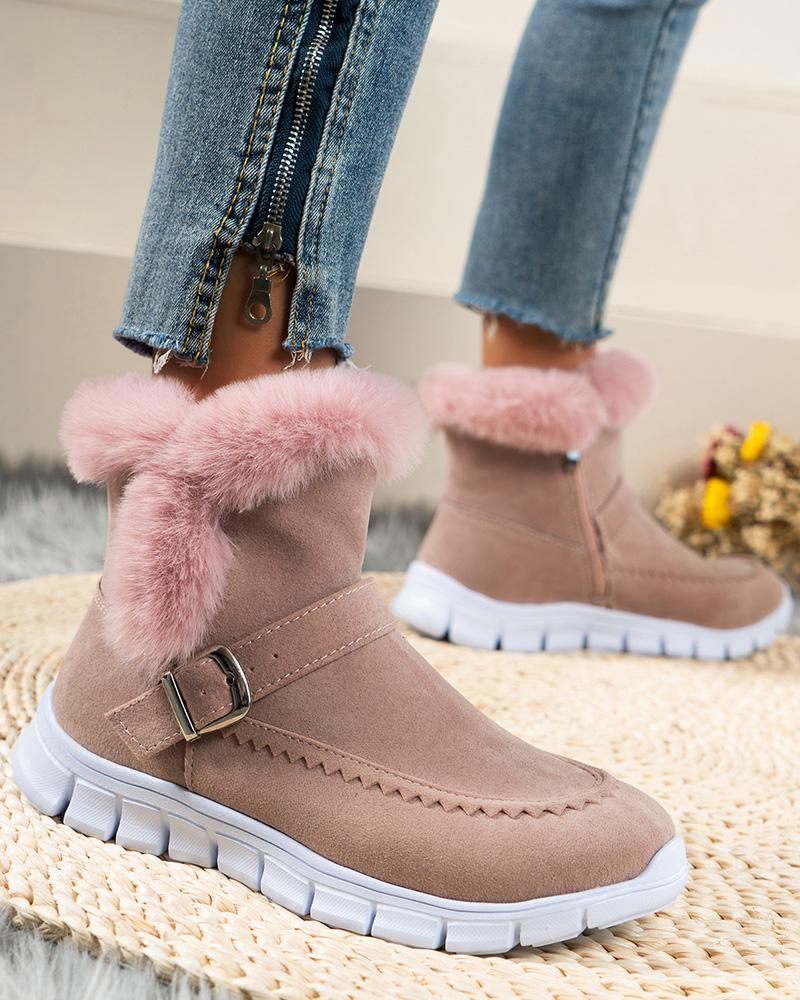 

Fuzzy Trim Buckled Lined Snow Boots, Pink