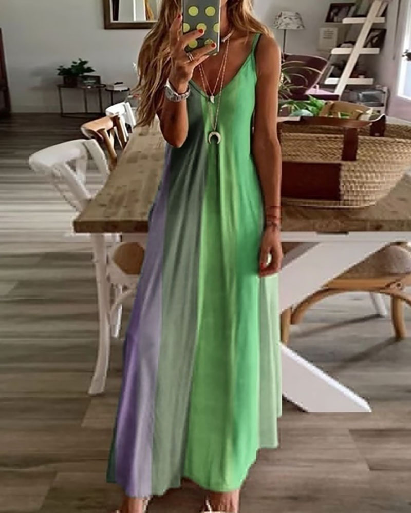 

V-Neck Colorblock Casual Maxi Dress, Green