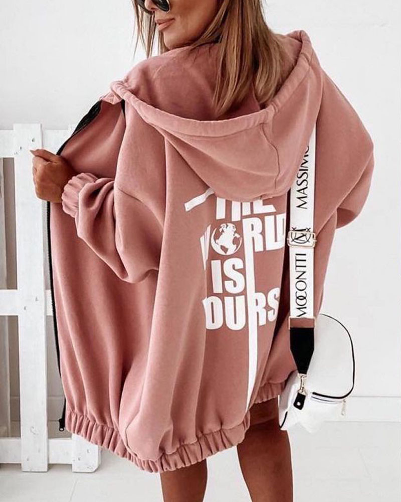 

Letter Print Zipper Front Drawstring Hooded Coat, Pink