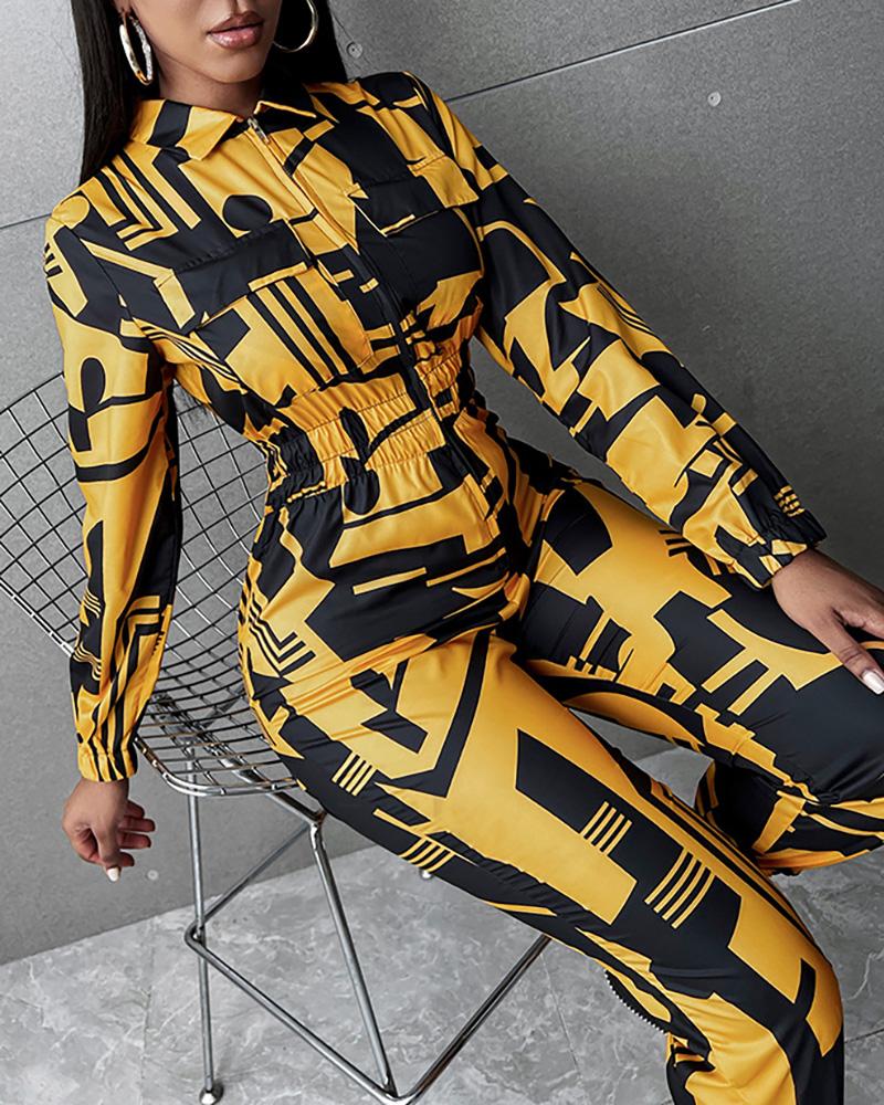 

Abstract Print Flap Detail Long Sleeve Jumpsuit, Yellow
