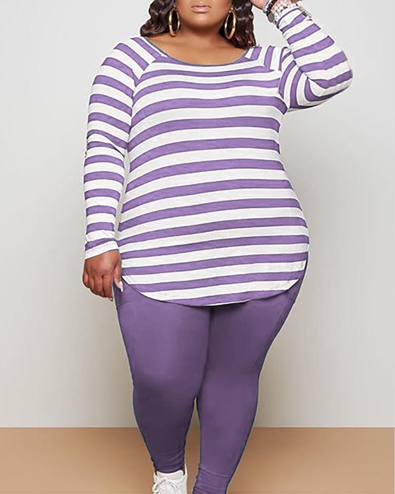 

Plus Size Long Sleeve Striped Top & High Waist Pants Set, Purple
