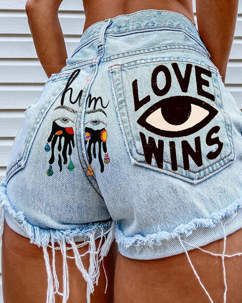 

High Waist Eye Letter Print Ripped Denim Shorts, Blue