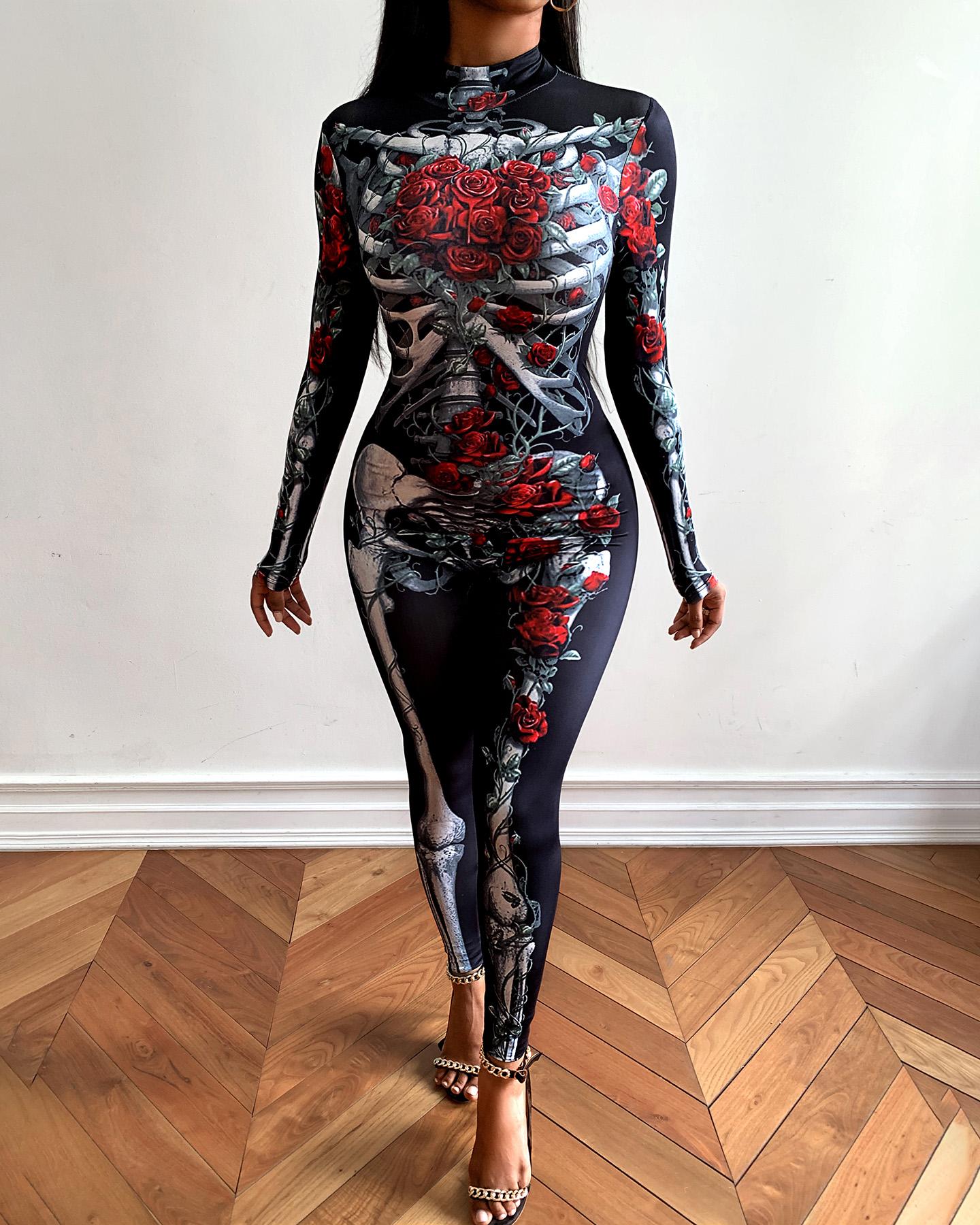 

Skull Skeleton Print Zip Back Halloween Costume Jumpsuit, Style3