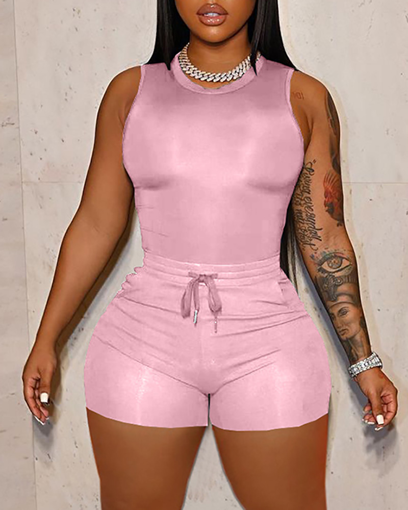

Basic Tank Top & Drawstring Shorts Set, Pink