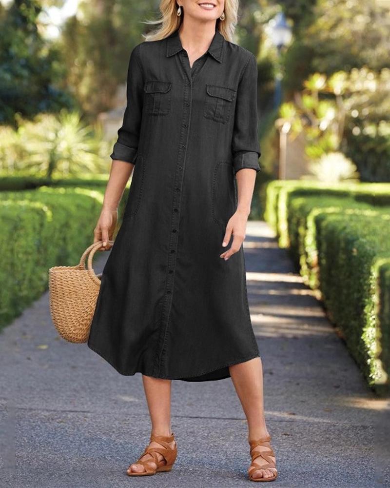

Long Sleeve Pocket Detail Button Down Denim Dress, Black