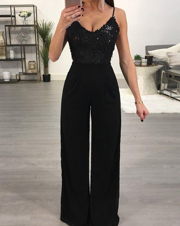 

Sequined Open Back Wide Leg Jumpsuit, Black