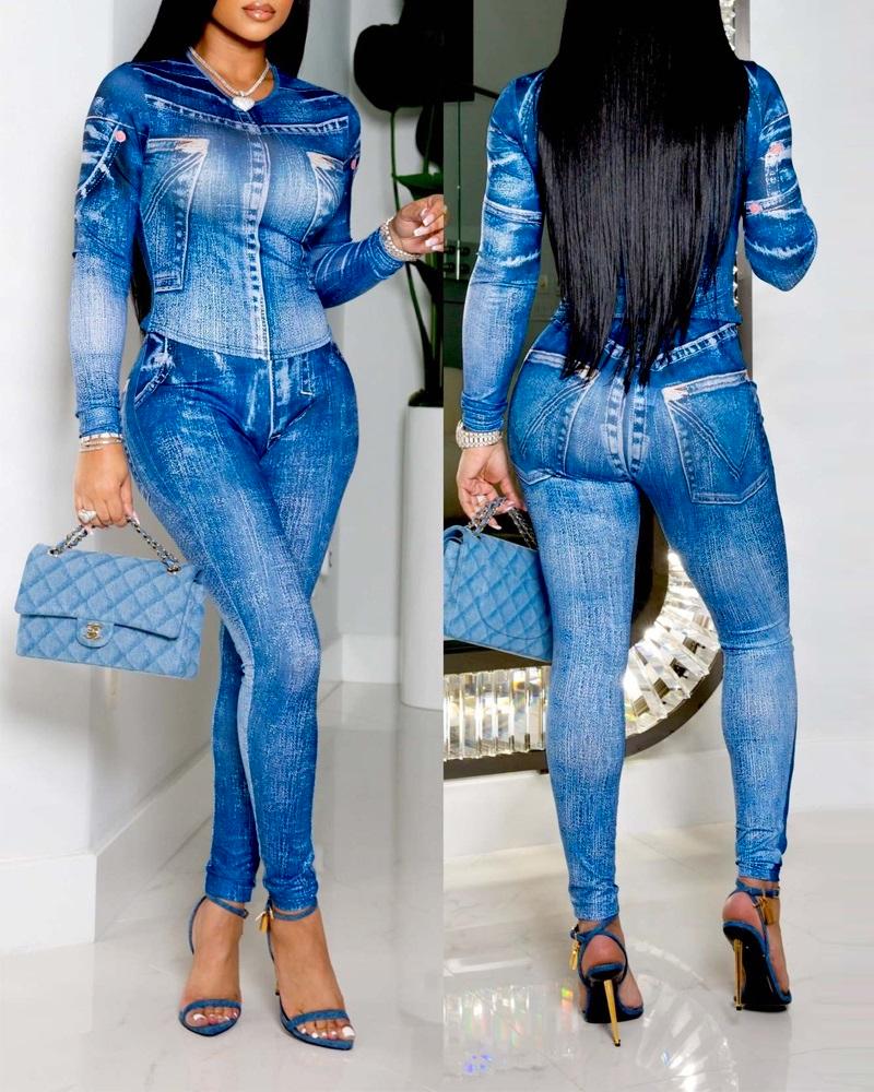 

Denim Look Print Top & High Waist Pants Set, Blue