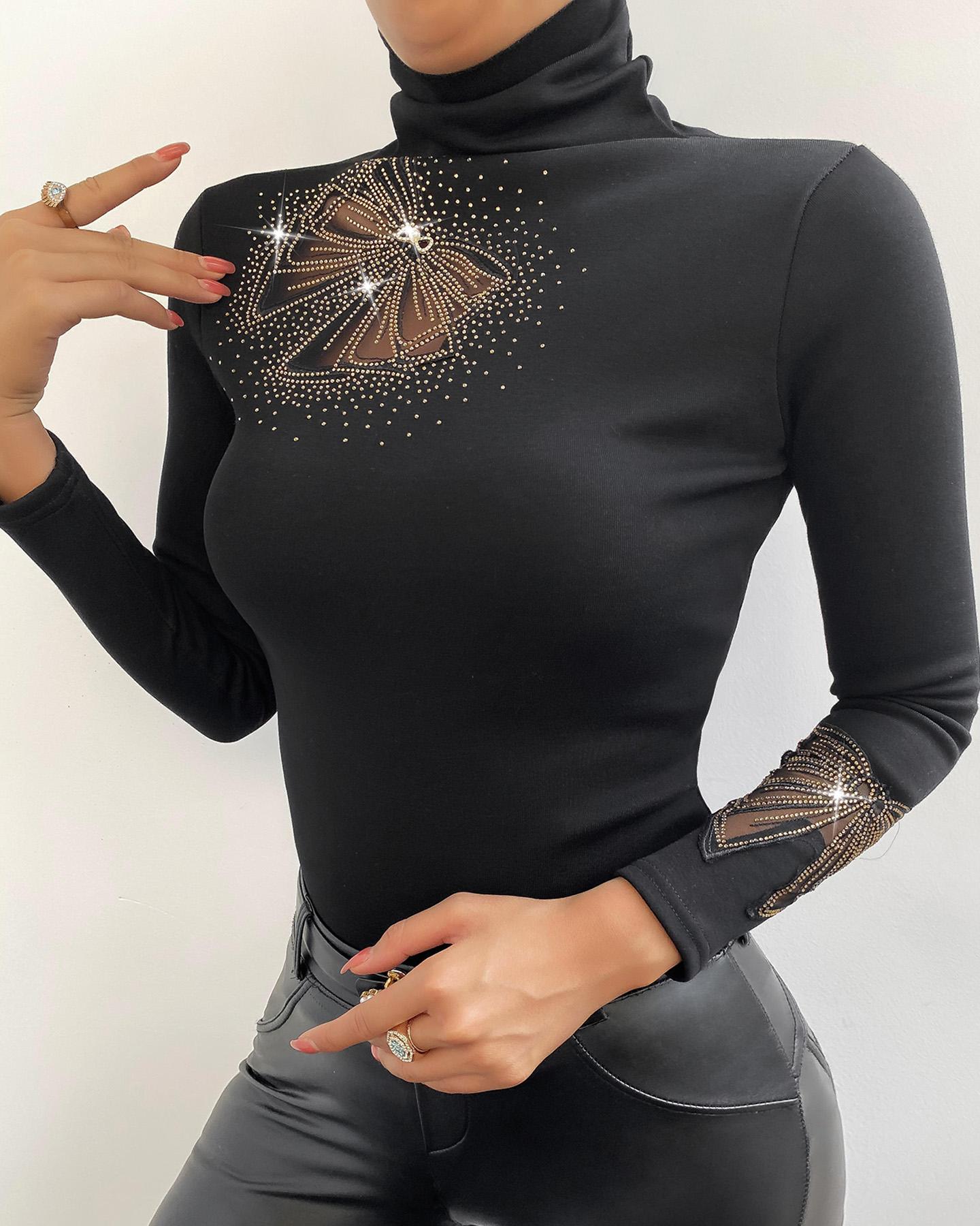 

Bowknot Pattern Sheer Mesh Studded Top, Black