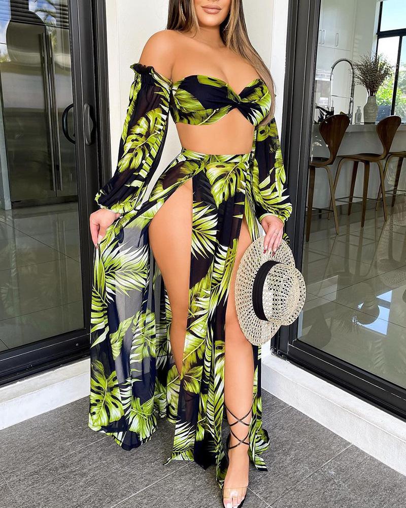

Off Shoulder Tropical Print Crop Top & High Slit Maxi Skirt Set, Green