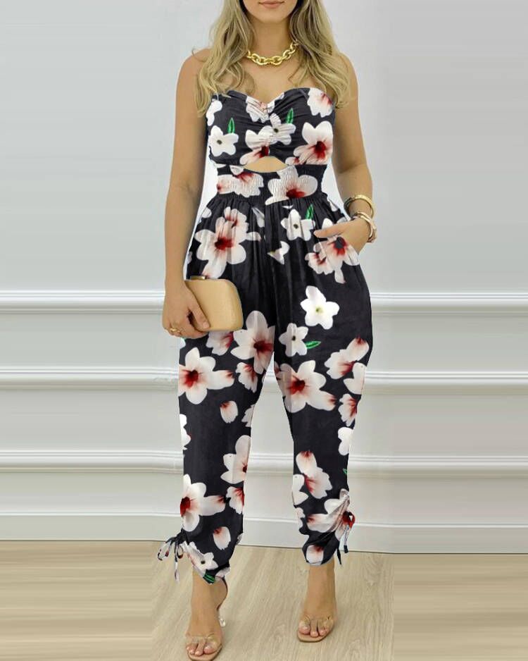 

Ruched Cutout Front Shirred Floral Print Jumpsuit, Black