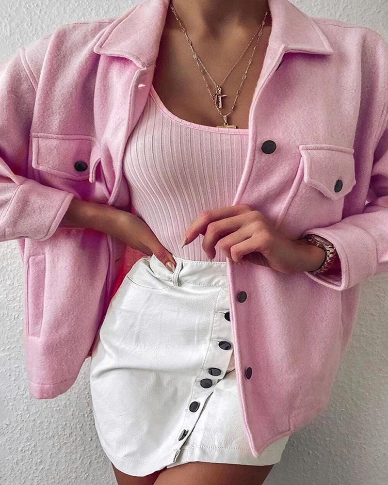 

Long Sleeve Buttoned Pocket Design Shacket, Pink