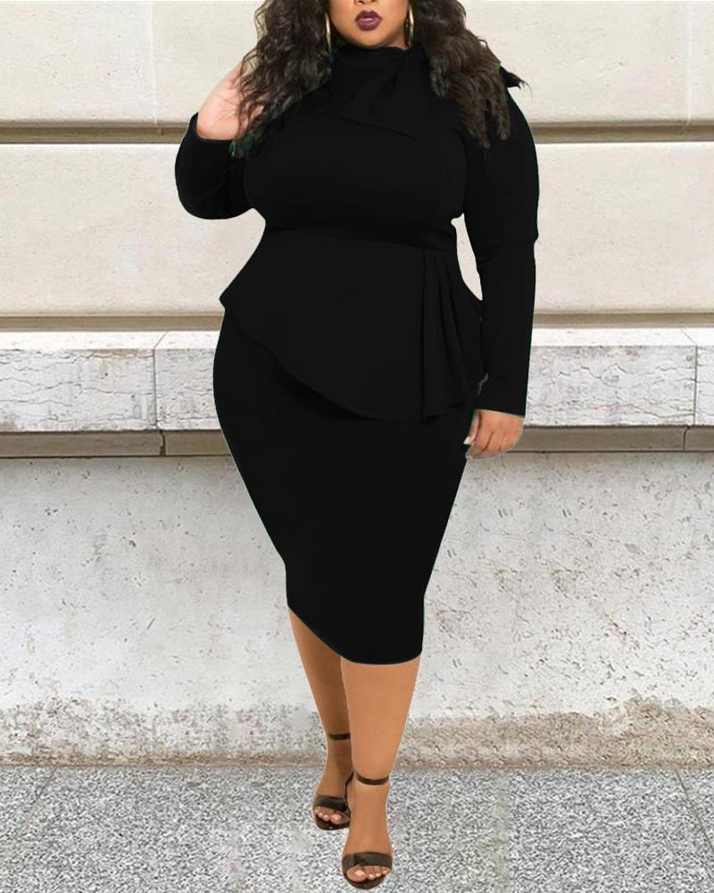 

Plus Size Bowknot Decor Patchwork Long Sleeve Midi Dress, Black