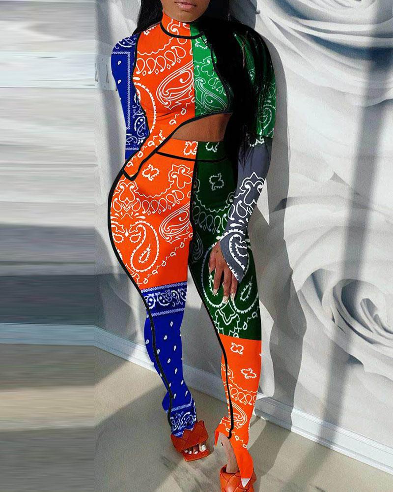 

Paisley Print Cutout Contrast Biding Top & Pants Set, Multicolor