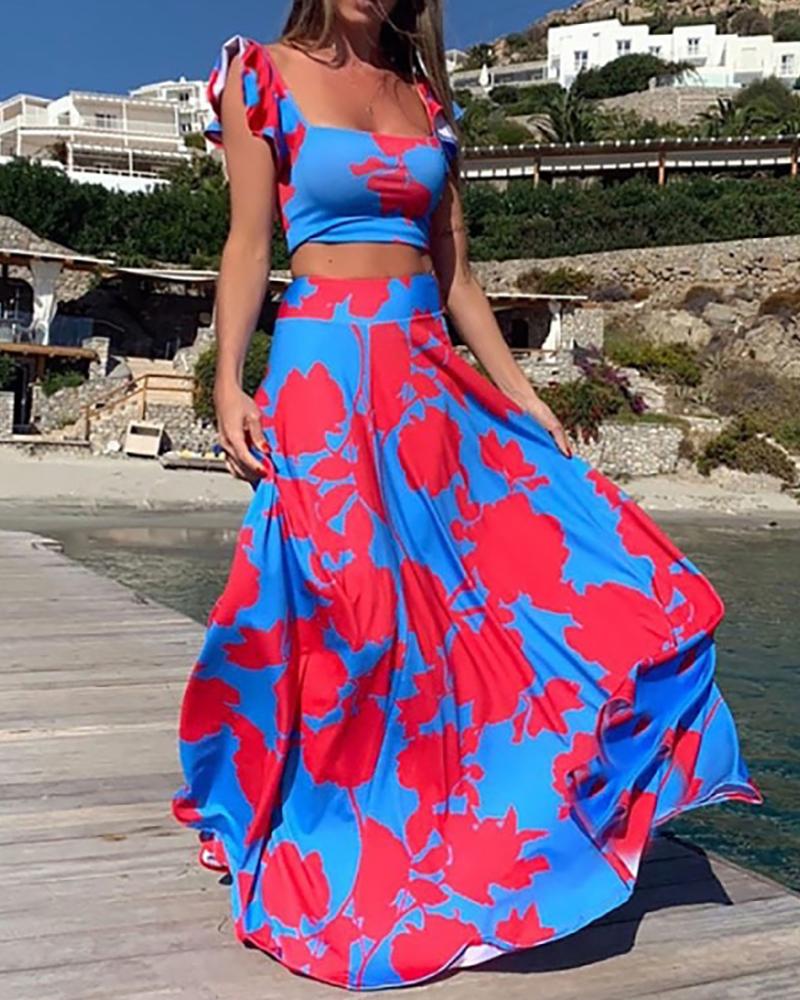 

Plants Print Square Neck Top & High Waist Maxi Skirt Set, Blue