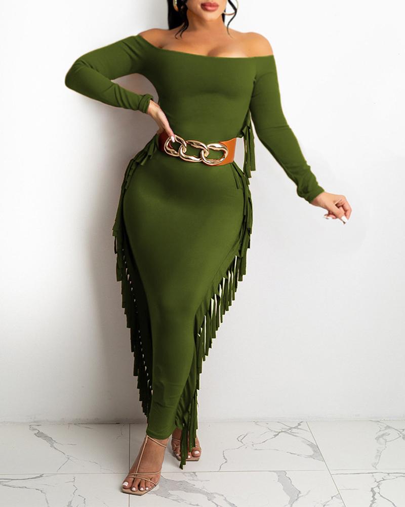 

Off Shoulder Tassel Trim Bodycon Dress, Green