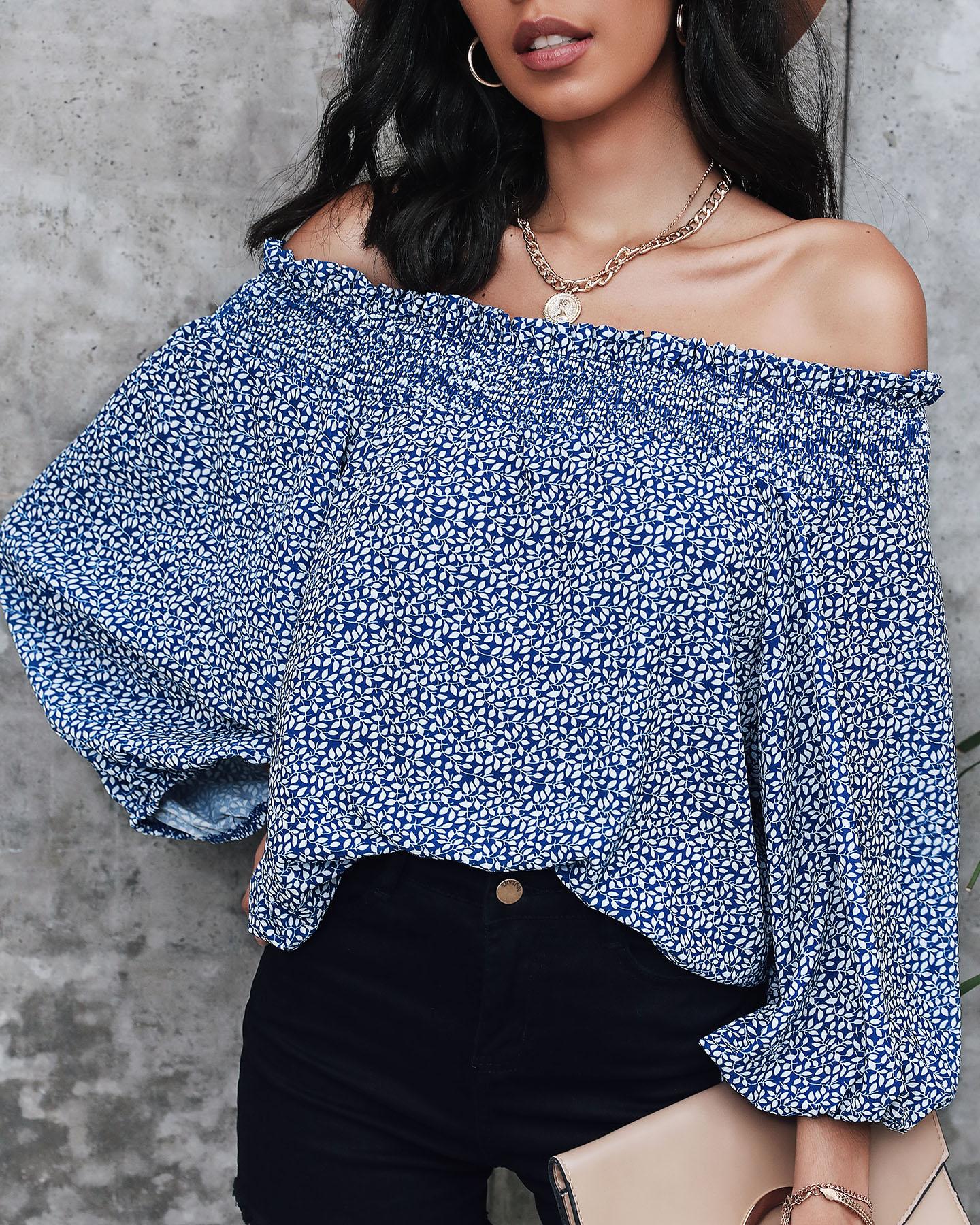 

Off Shoulder Allover Print Lantern Sleeve Top, Blue