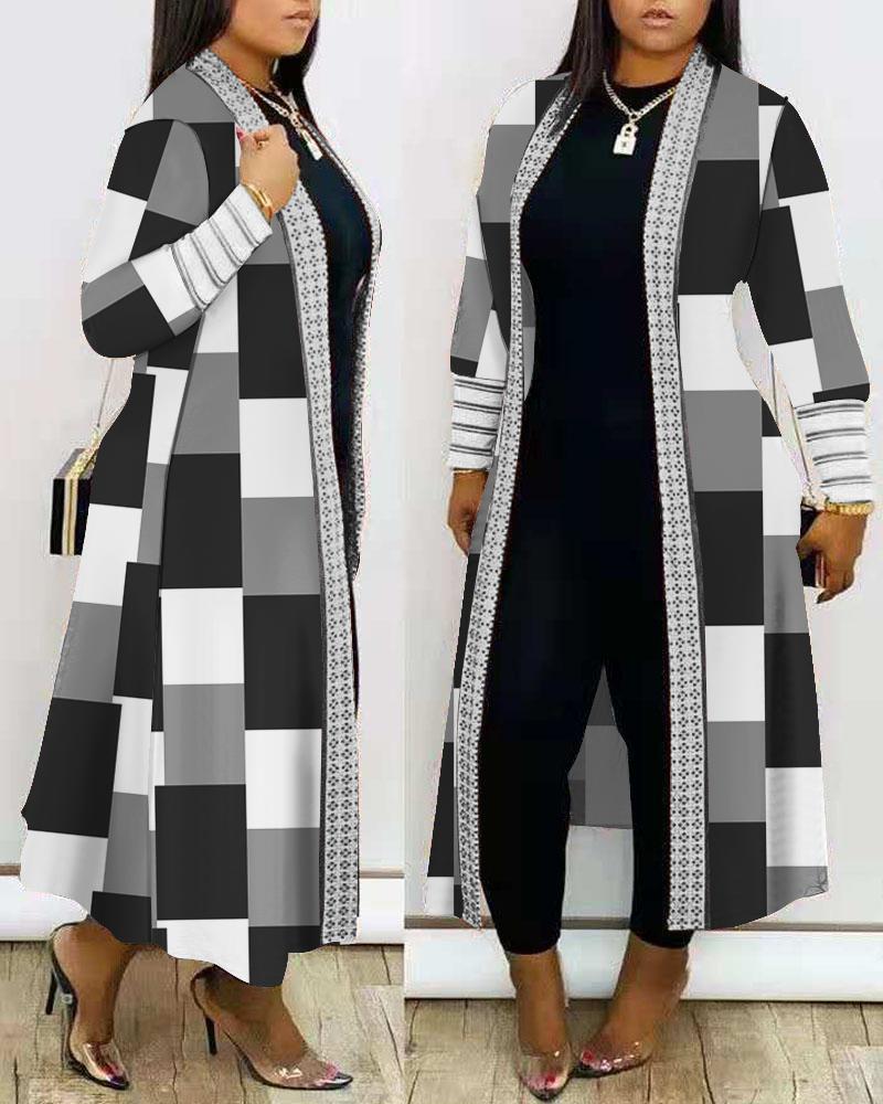 

Plus Size Geometric Print Open Front Longline Coat, Blackwhite