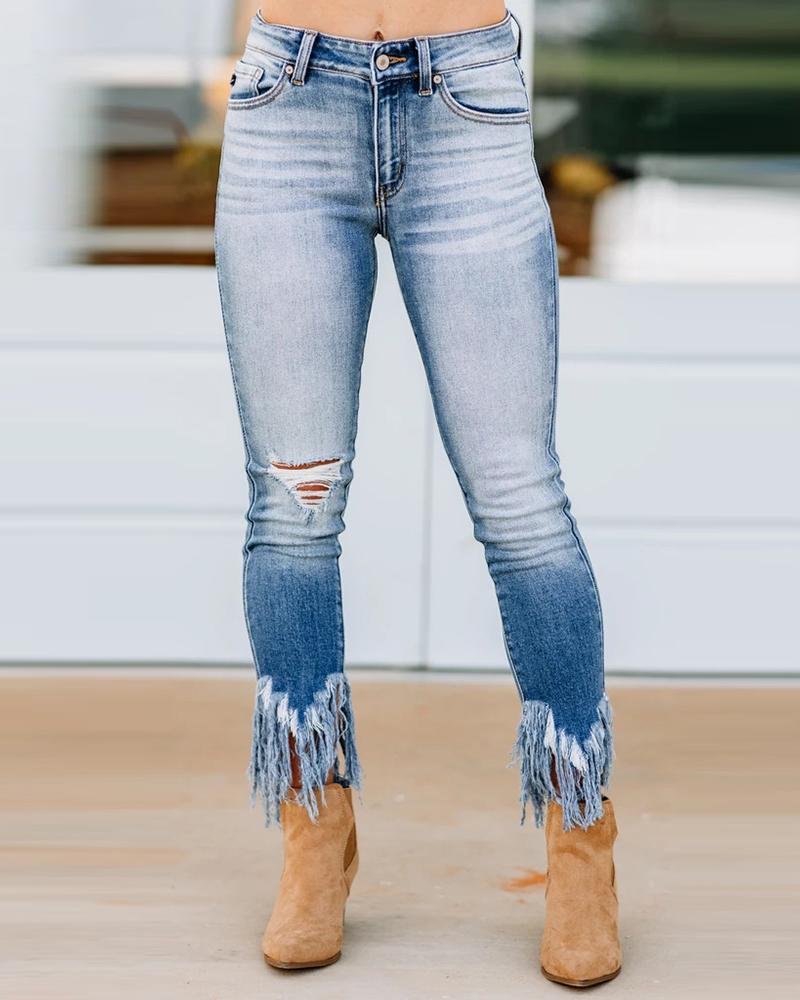 

Ripped Cutout Tassel Design Jeans, Blue