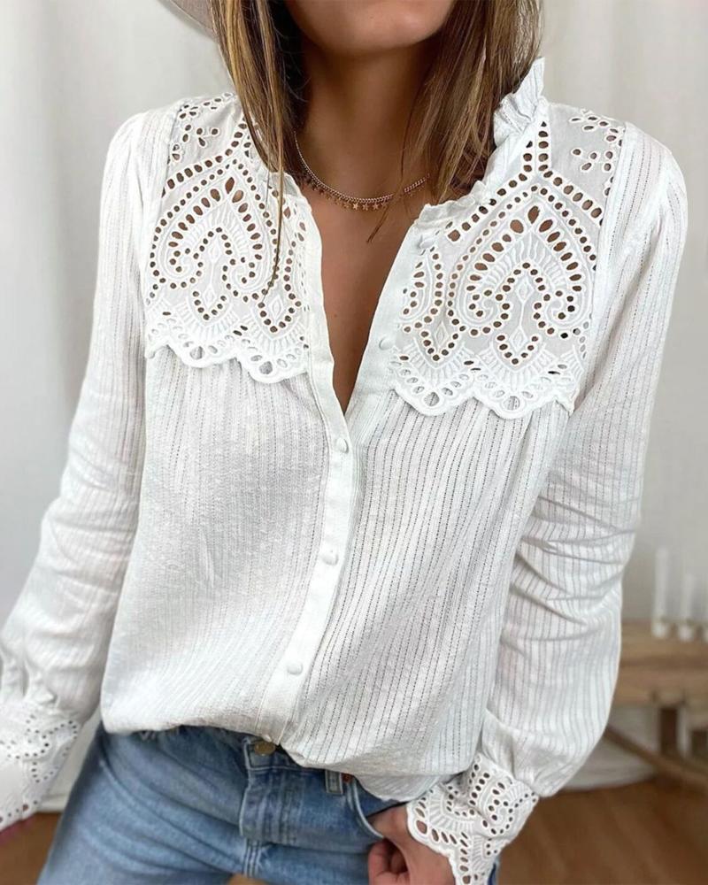 

Contrast Lace Frill Hem Button Down Shirt, White