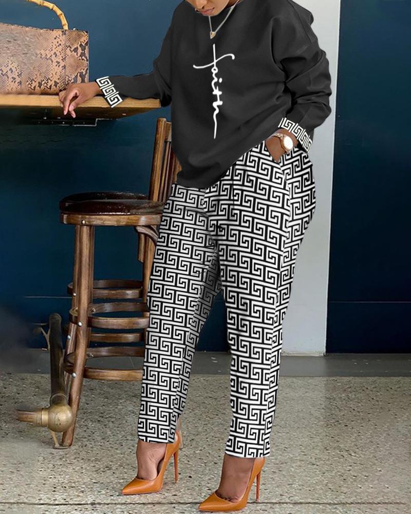 

Plus Size Faith Geometric Print Top & Pocket Design Pants Set, Black