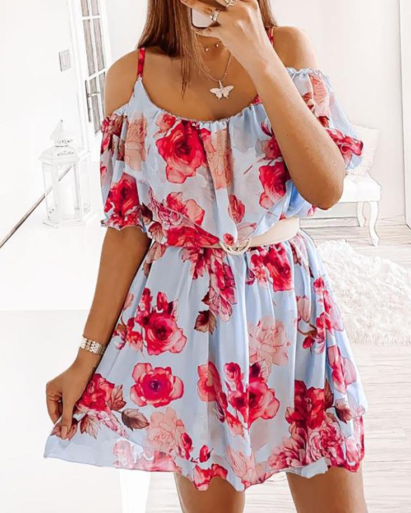 

Cold Shoulder Floral Print Ruched Dress, Light blue