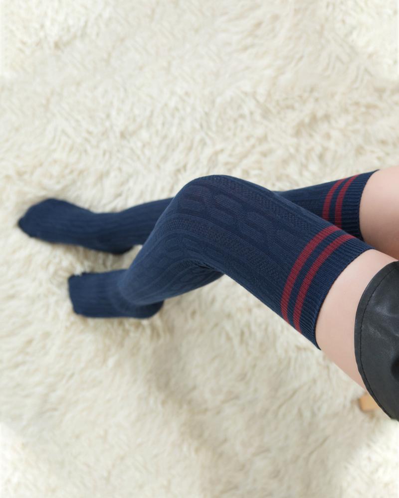 

Striped Trim Cable Knit Leg Warmers Over Knee Thigh High Socks, Purplish blue
