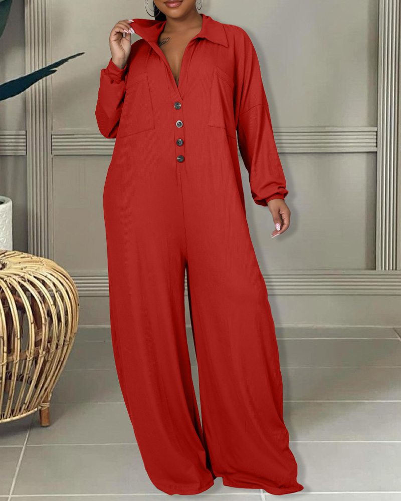 

Long Sleeve Pocket Design Wide Leg Jumpsuit, Red