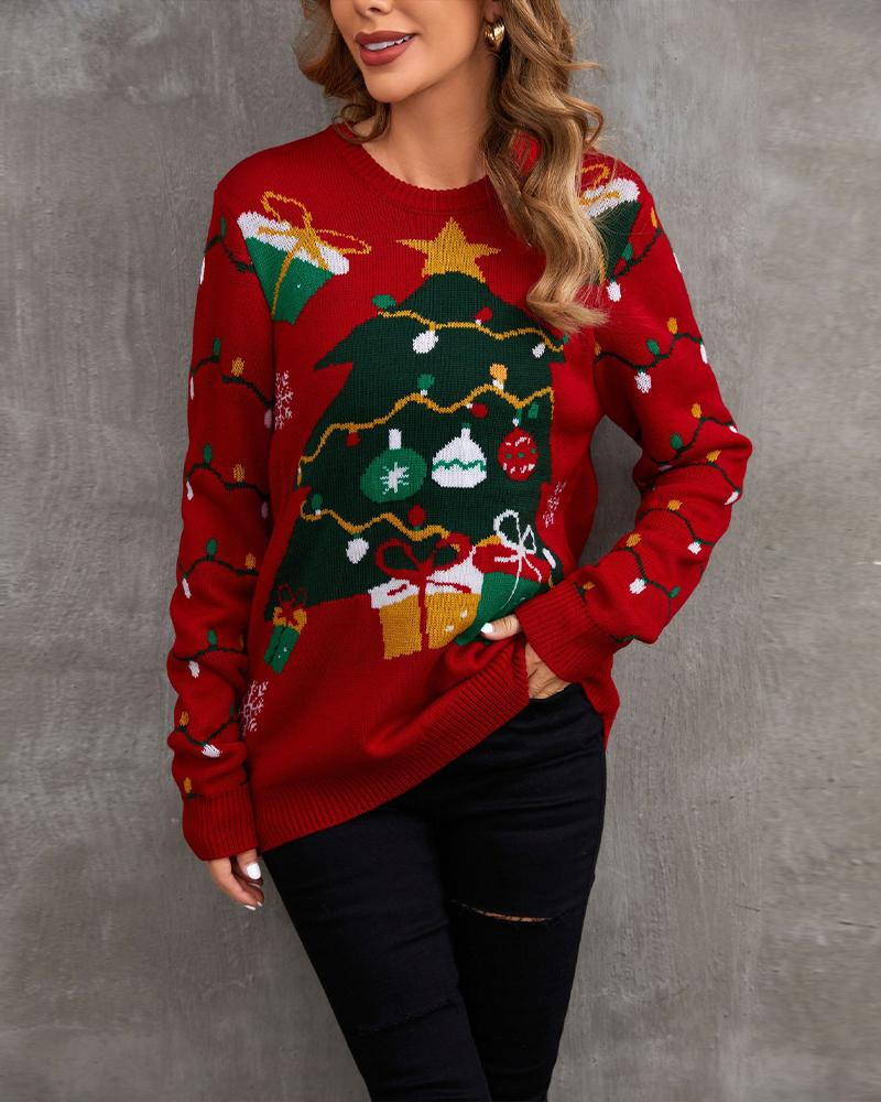 

Christmas Tree Pattern Long Sleeve Sweater, Red