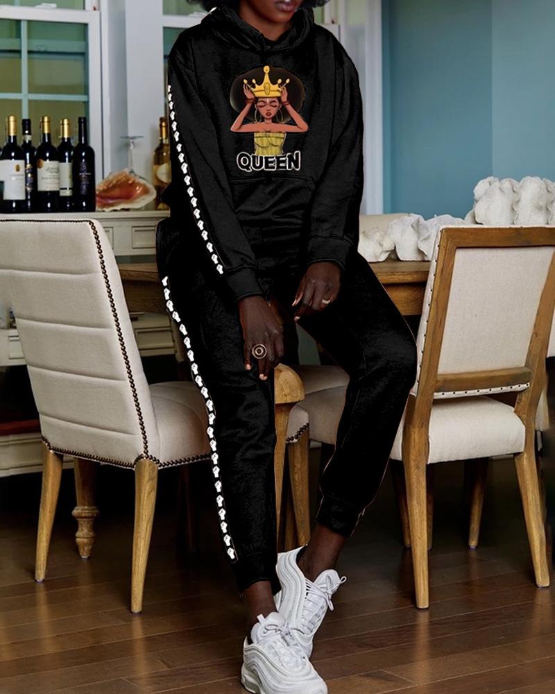 

Figure Print Long Sleeve Casual Hoodie & Pants Set, Black