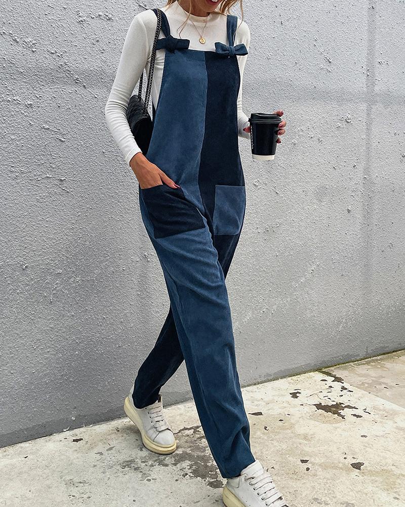 

Colorblock Bowknot Front Pocket Design Suspender Jumpsuit, Blue