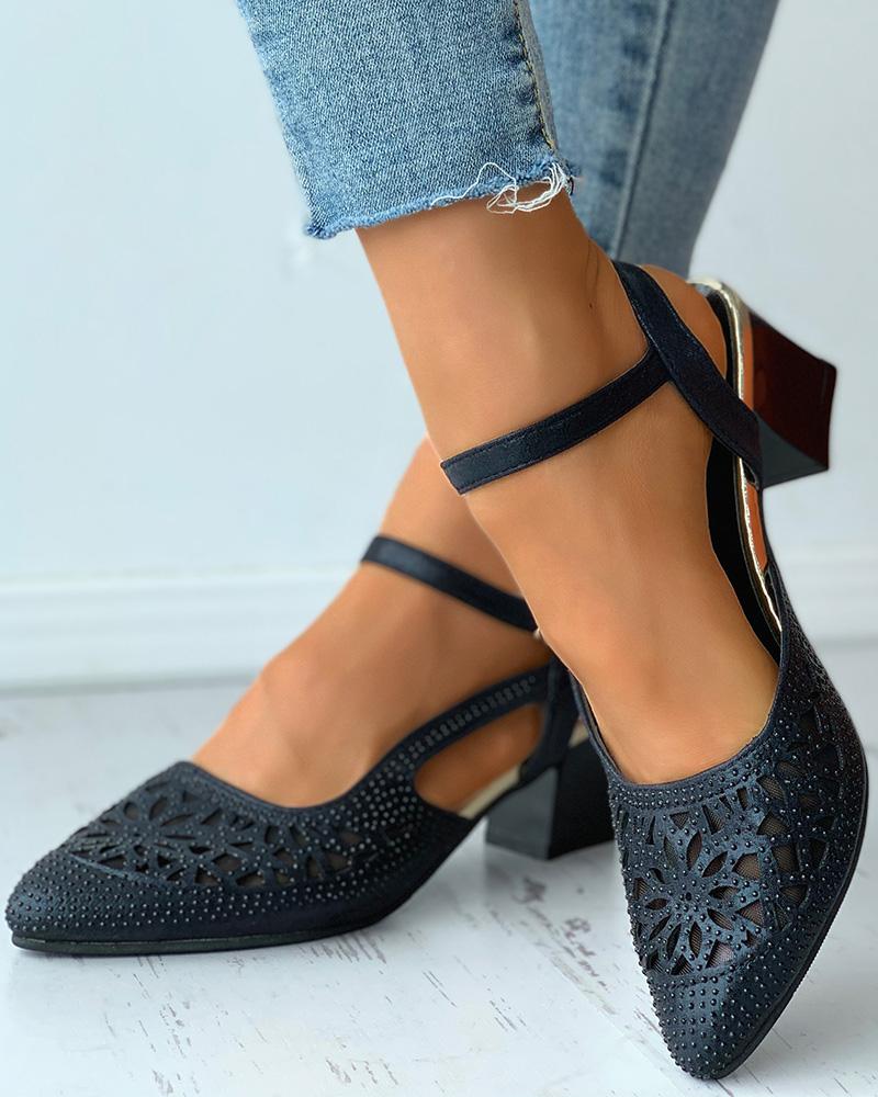 

Pointed Toe Rhinestone Cutout Chunky Heels, Black