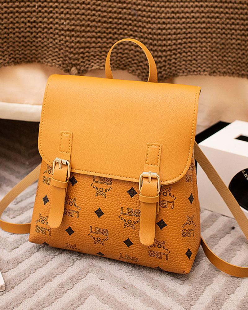 

Letter Argyle Print Bucked Flap Backpack Trendy School Bag, Brown