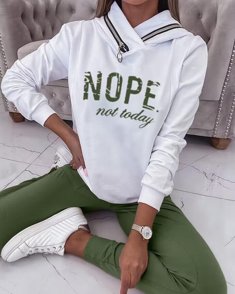 

Nope Not Today Print Zipper Design Hooded Sweatshirt & Sweatpants Set, Green