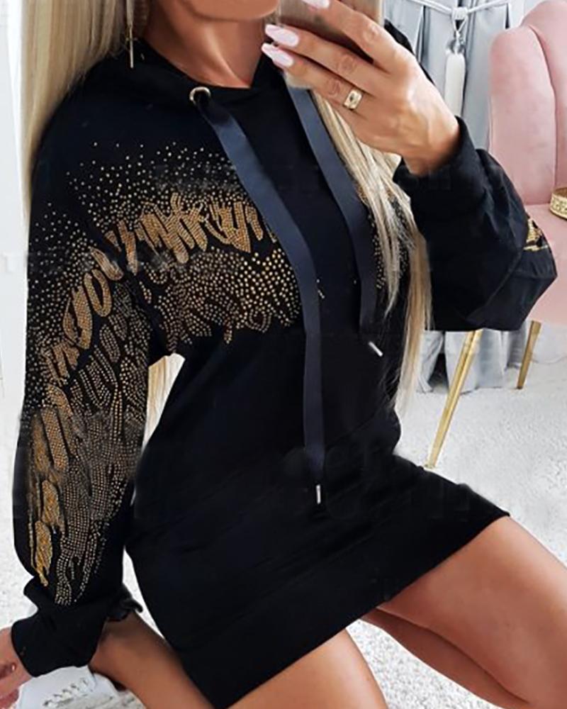 

Rhinestone Angel Wings Pattern Hooded Sweatshirt Dress, Black
