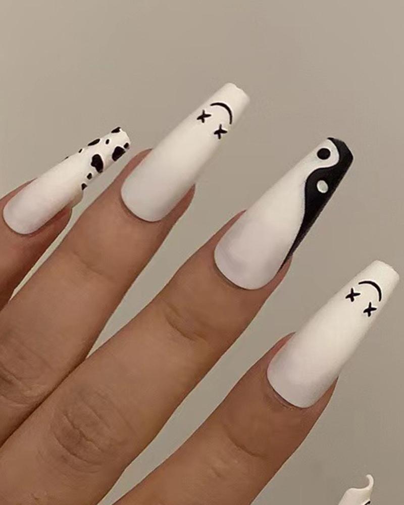 

24pcs Black And White Press On Coffin Fake Nails Set