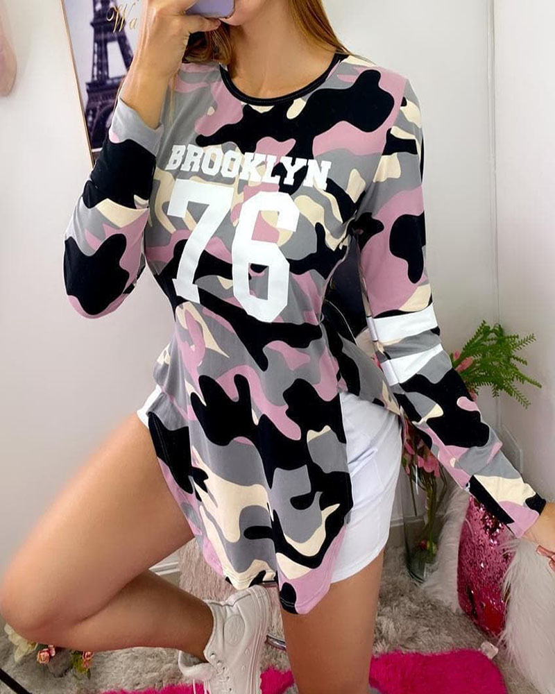 

Camouflage Letter Print Long Sleeve Slit Top, Pink