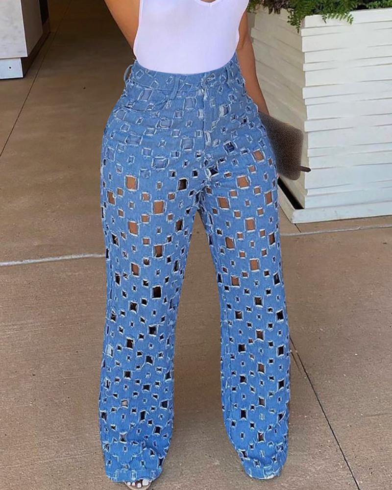 

Hollow-out Design Plain Wide Leg Jeans, Blue