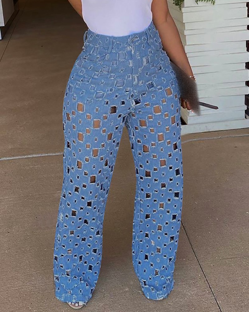 Mid blue denim hollow out wide leg Pants main image 0